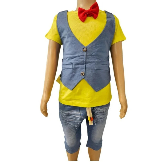 3T  Boys Blue, Yellow, Red BowTie Shorts and Tshirt Faux Suit 2pcs Set - Picture 2 of 7